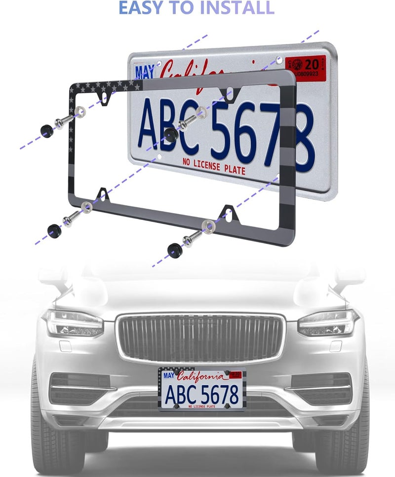 BGGTMO American Flag License Plate Frames - 2 Pack Matte Black Aluminum with Grey Stars and Stripes - Image 5
