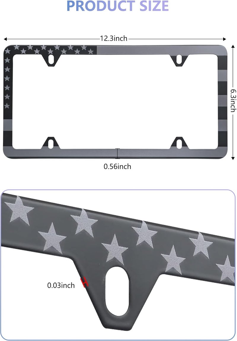 BGGTMO American Flag License Plate Frames - 2 Pack Matte Black Aluminum with Grey Stars and Stripes - Image 2