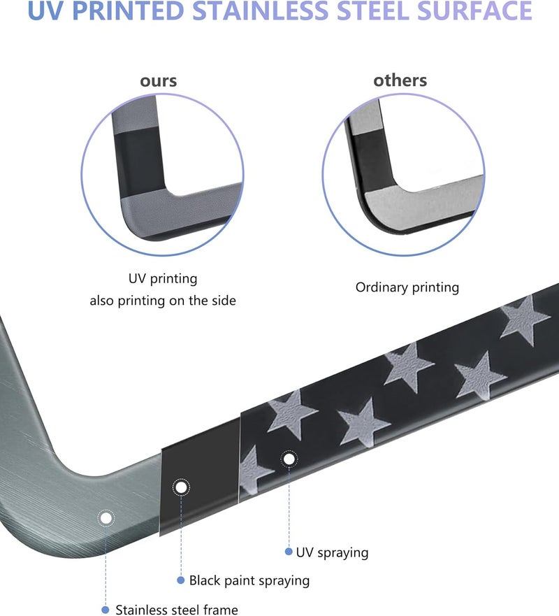 BGGTMO American Flag License Plate Frames - 2 Pack Matte Black Aluminum with Grey Stars and Stripes - Image 4