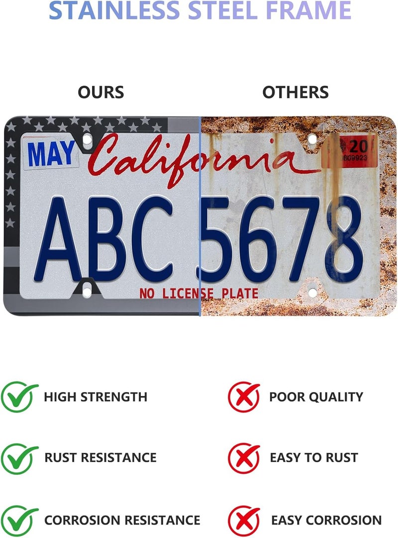 BGGTMO American Flag License Plate Frames - 2 Pack Matte Black Aluminum with Grey Stars and Stripes - Image 3