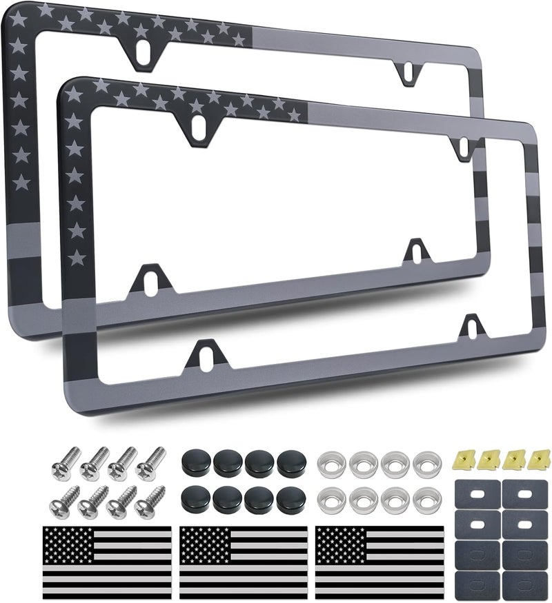 BGGTMO American Flag License Plate Frames - 2 Pack Matte Black Aluminum with Grey Stars and Stripes - Image 1