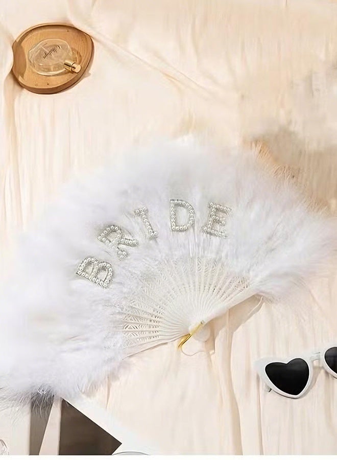 Happy D Bridal Decoration – White Feather Hand Fan with "BRIDE" Lettering Design, Size (22×34) cm – Perfect for Bachelorette Parties, Bridal Showers, and Wedding Day Photos. - Image 2
