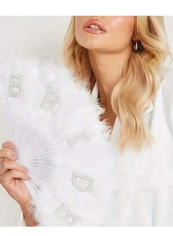 Happy D Bridal Decoration – White Feather Hand Fan with "BRIDE" Lettering Design, Size (22×34) cm – Perfect for Bachelorette Parties, Bridal Showers, and Wedding Day Photos. - Image 3