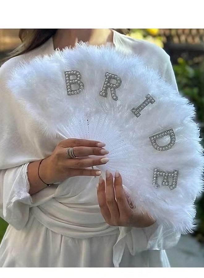 Happy D Bridal Decoration – White Feather Hand Fan with "BRIDE" Lettering Design, Size (22×34) cm – Perfect for Bachelorette Parties, Bridal Showers, and Wedding Day Photos. - Image 1