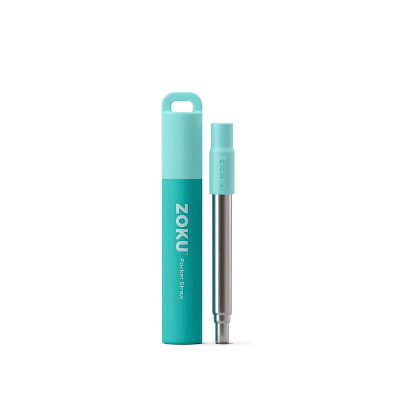 ZOKU قشة معدنية قابلة لإعادة الاستخدام من زوكو مع علبة للسفر، لون أزرق مائل إلى الأخضر - قشة شرب من الفولاذ المقاوم للصدأ قابلة للطي مع طرف سيليكون وفرشاة تنظيف، مثالية لسلاسل المفاتيح، الجيوب، الحقائب. - Image 1