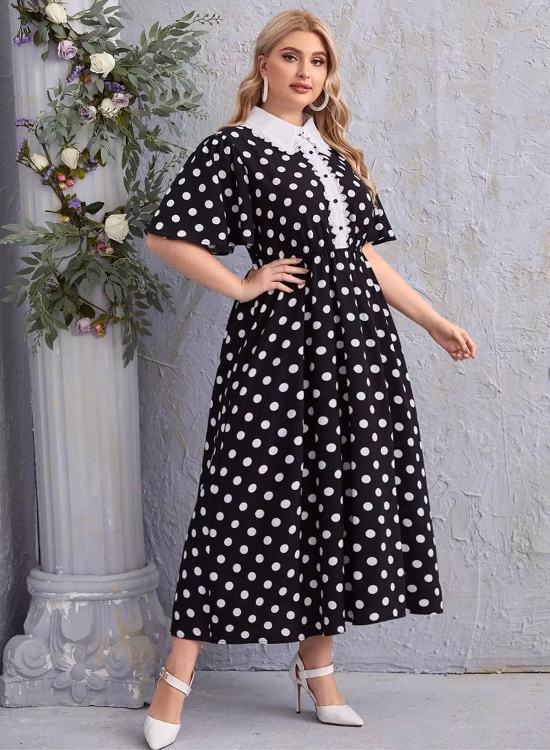 Plus Peter Pan Collar Guipure Lace Trim Polka Dot Dress  - Image 1
