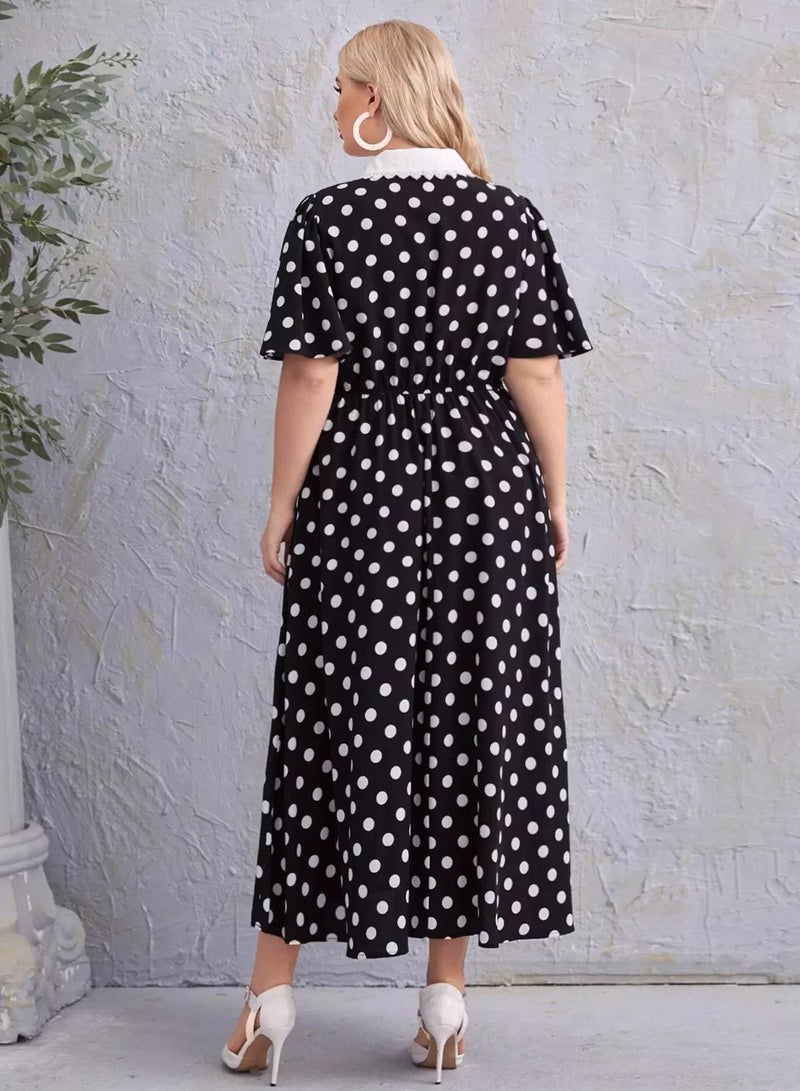 Plus Peter Pan Collar Guipure Lace Trim Polka Dot Dress  - Image 3