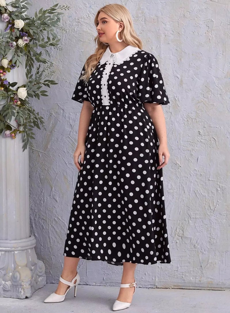 Plus Peter Pan Collar Guipure Lace Trim Polka Dot Dress  - Image 5