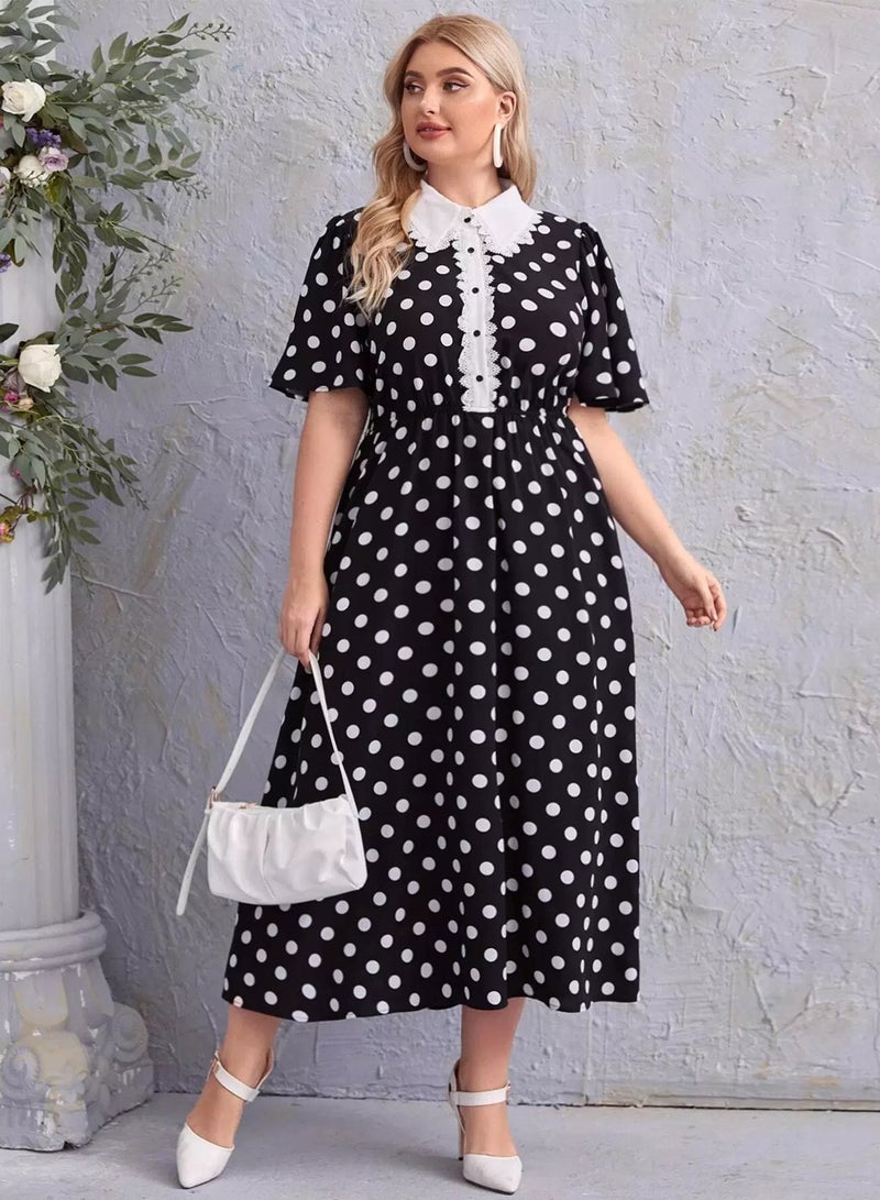 Plus Peter Pan Collar Guipure Lace Trim Polka Dot Dress  - Image 4