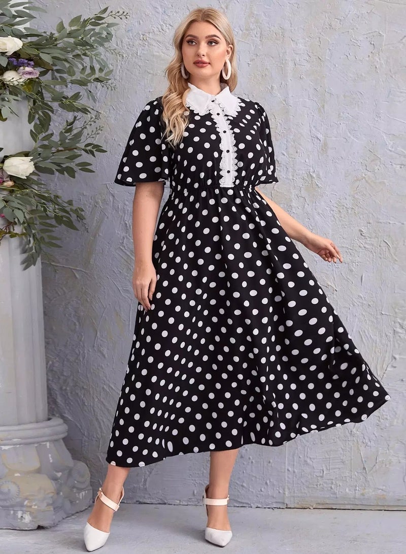 Plus Peter Pan Collar Guipure Lace Trim Polka Dot Dress  - Image 2