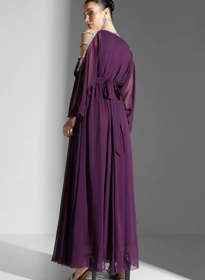 Golden Apple Cold Shoulder Tiered Belted Dress