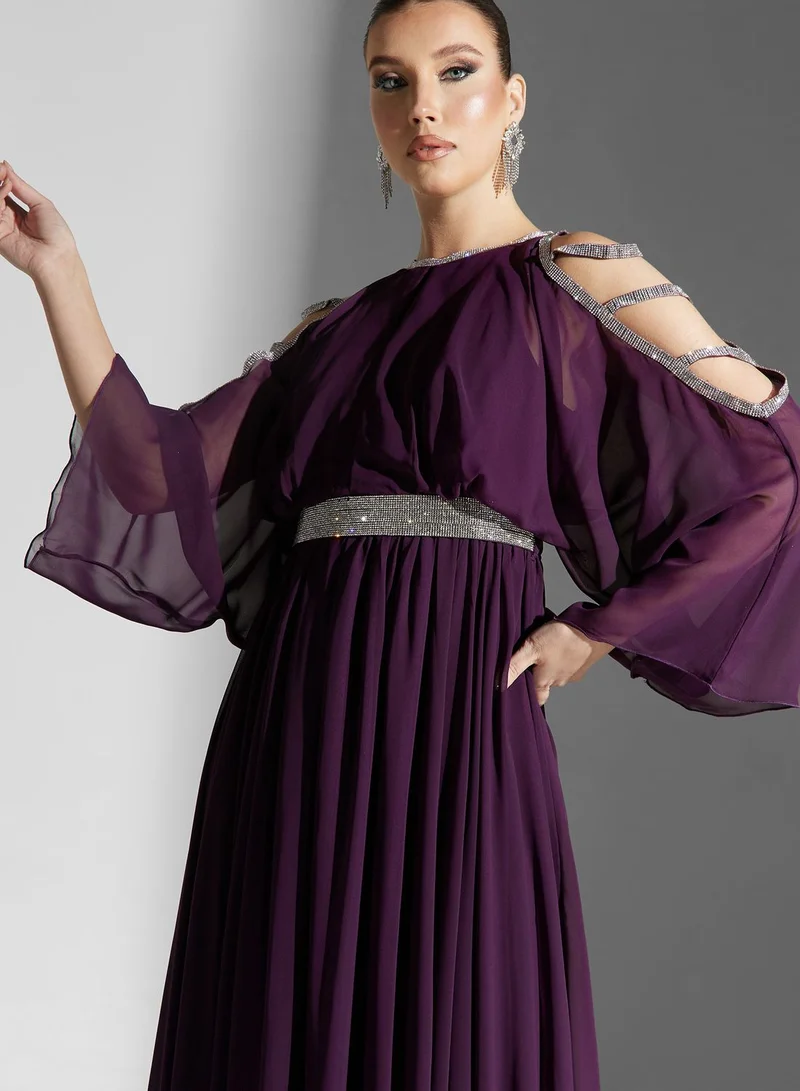 Golden Apple Cold Shoulder Tiered Belted Dress