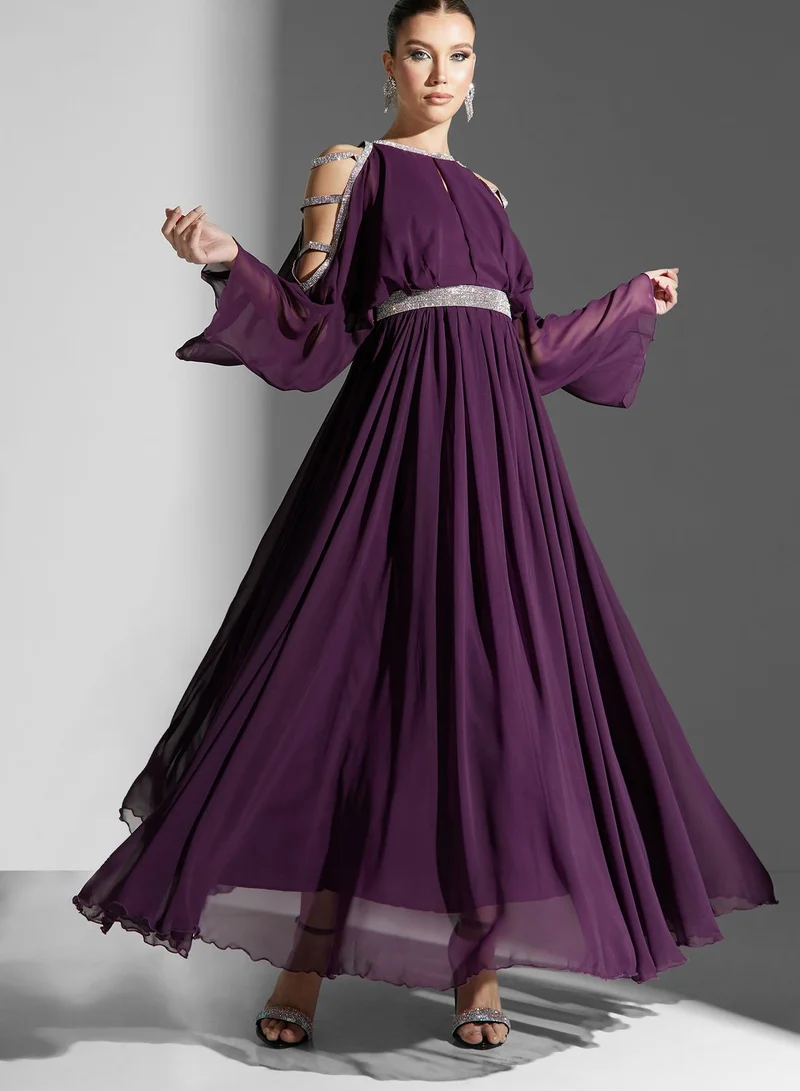 Golden Apple Cold Shoulder Tiered Belted Dress