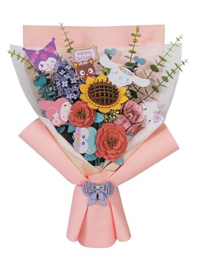 Hands Craft Hello Kitty 3D Wooden Bouquet Puzzle Kit DIY Floral Model Craft Set Featuring My Melody Kuromi Cinnamoroll Keroppi Chococat Fun Gift for Kids Adults - Image 1