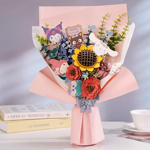 Hands Craft Hello Kitty 3D Wooden Bouquet Puzzle Kit DIY Floral Model Craft Set Featuring My Melody Kuromi Cinnamoroll Keroppi Chococat Fun Gift for Kids Adults - Image 5