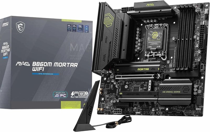 MSI B860M Mortar WiFi Motherboard, mATX - Supports Intel Core Ultra Processors (Series 2), LGA 1851 - DDR5 Memory Boost 9200+ MT/s OC, 1 x PCIe 5.0 x16, 1 x M.2 Gen5, 5G LAN, Wi-Fi 7 - Image 1