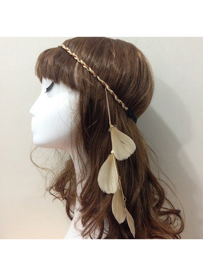 Fodattm Women Lady Bohemian Tassels Hairband Headwear Hippie Feather Headband Hair Hoop Handmade Indian Fascinator Headband Hair Bands Headdress Hair Accessories (Khaki) - Image 3