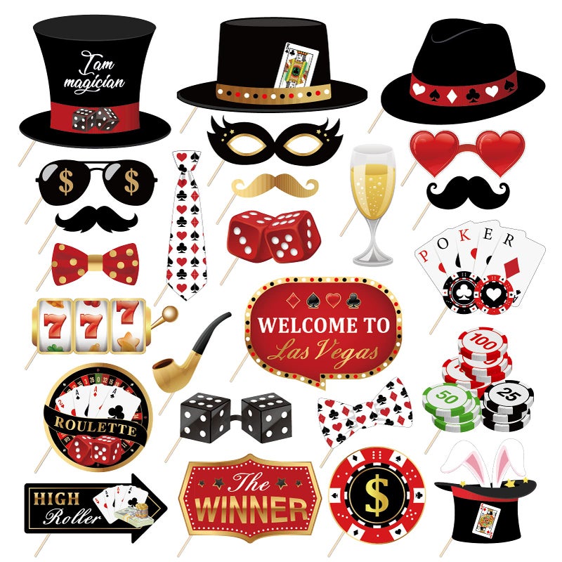 LJCL 25Pcs Casino Photo Booth Props with Stick Las Vegas Casino Photo Booth Props Kit Funny DIY Poker Theme Selfie Props Kit for Las Vegas Theme Poker Night Birthday Party Supplies