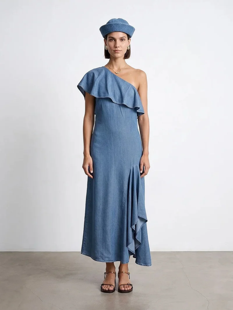 DILVIN Asymmetric One-Sleeve Maxi Dress