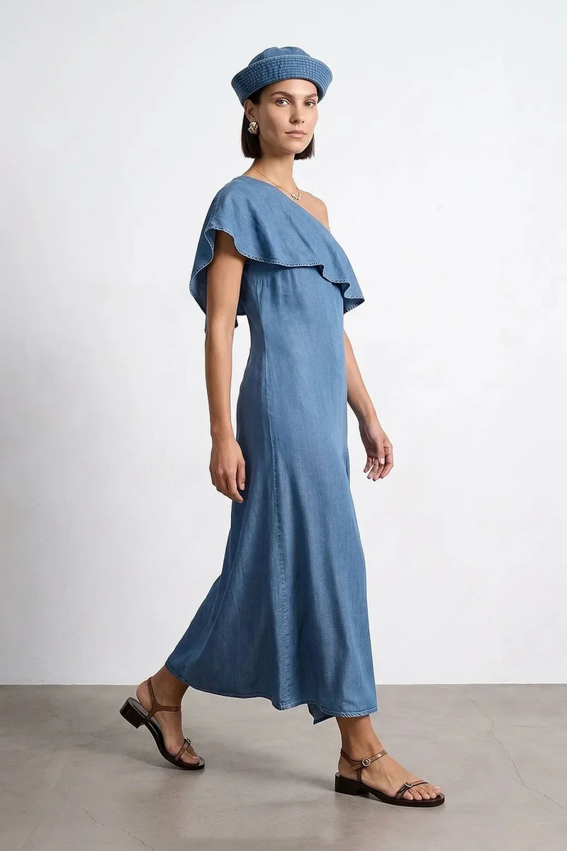 ديلفين DILVIN Asymmetric One-Sleeve Maxi Dress