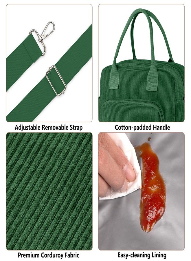FITDON Insulated Lunch Bag for Women Men, Corduroy Cooler Bag Lunch Box Container Large Lunch Tote Bag for Work School Picnic Travel, Green - Image 3