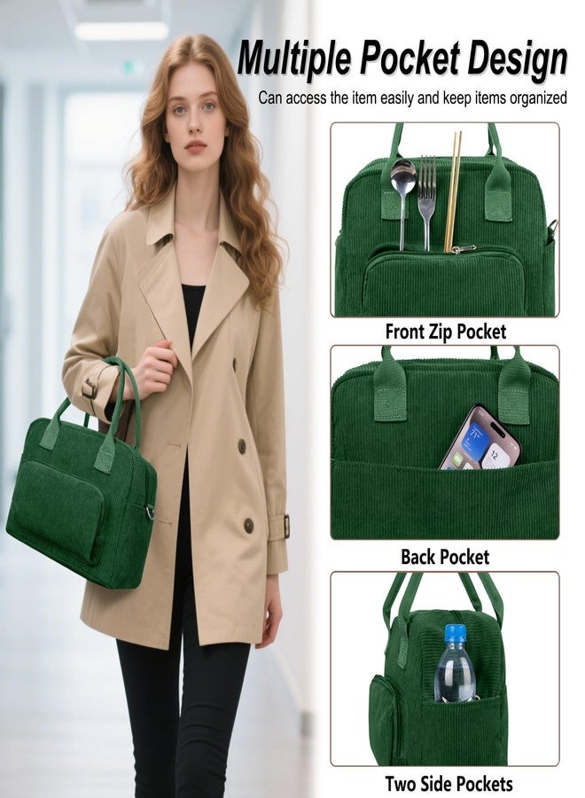 FITDON Insulated Lunch Bag for Women Men, Corduroy Cooler Bag Lunch Box Container Large Lunch Tote Bag for Work School Picnic Travel, Green - Image 4