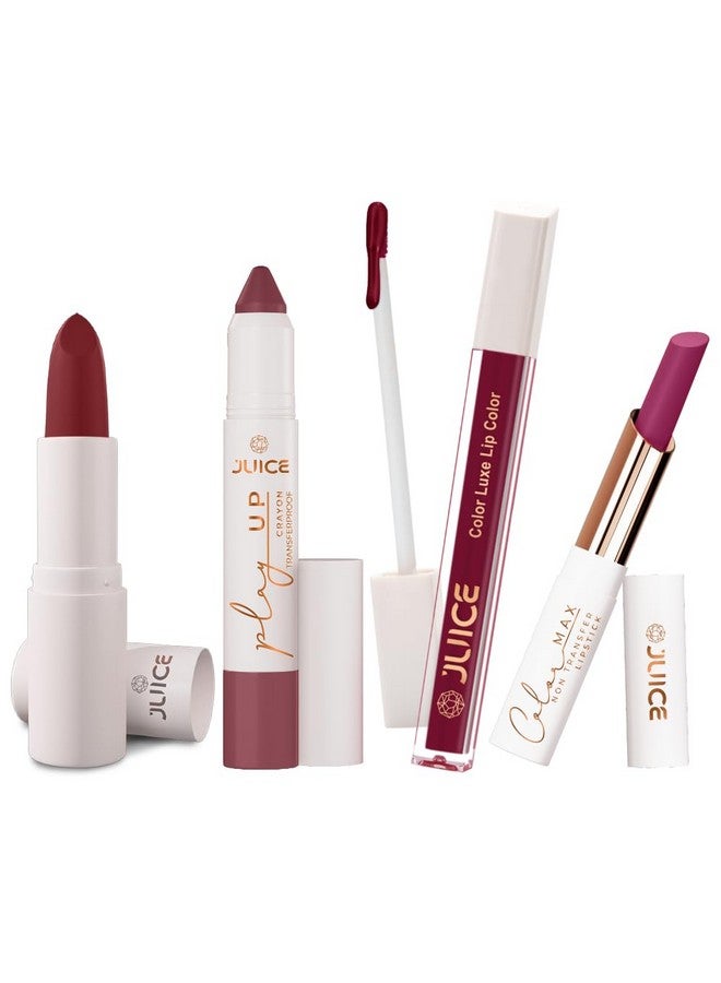 Juice Long Lasting, 4pc Lipstick Combo Set For Women(Marooned-M05 Bullet Lipstick, Stay-On Spice-MCR05 Play up Lip Crayon, Flirty Berry-M15 Liquid Lipstick, Peony Party-M05 Slim Stick) - Image 1