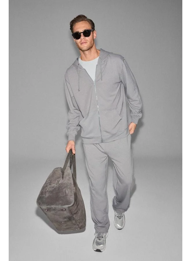 GRIMELANGE GAGE Men's Hooded Metal Bird's Eye Detailed Zippered Cord Pocket Gray Sweatshirt.