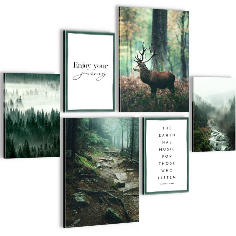 Set of Wall Pictures Forest Deer  Stylish NO Frame Required  Modern Collage Natural Green  Living Room Bedroom  N004663a