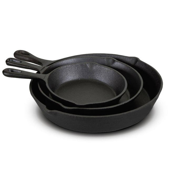 HEA SET OF 3 PRE SEASONED CAST IRON SKILLETS WITH EVEN DISTRIBUTION AND HEAT RETENTION6 8 10 10 BLACKJB0195