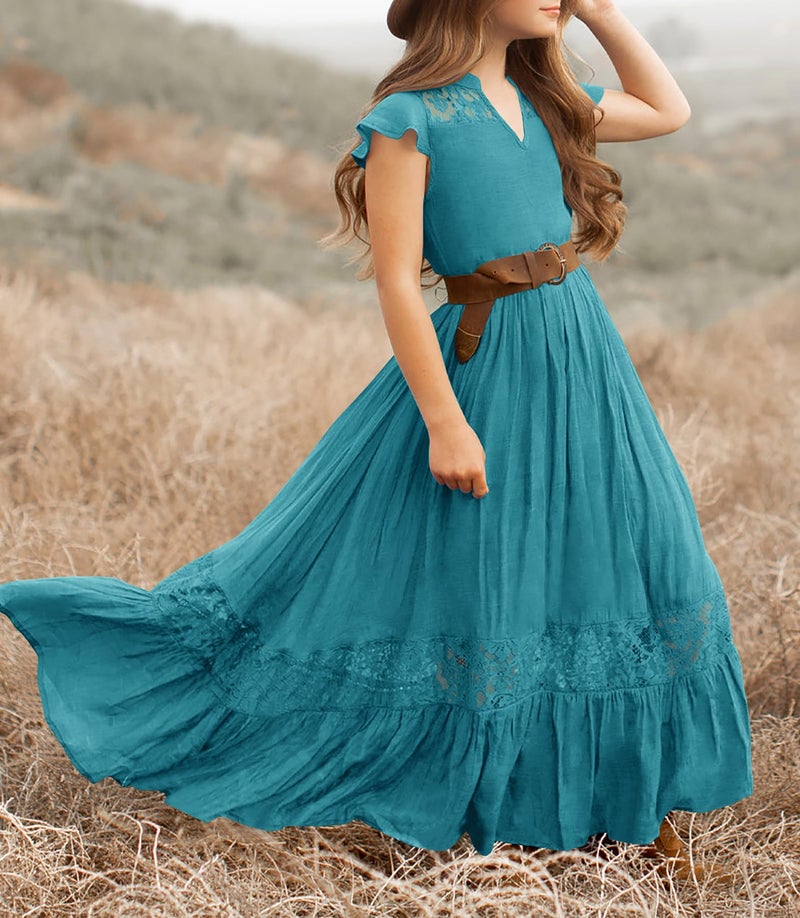 HOSIKA Girls Boho Lace Flower Crew Neck Tiered Ruffle Swing Maxi Dress for Wedding Party 6-12 Years Teal XL - Image 2