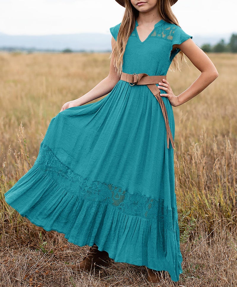 HOSIKA Girls Boho Lace Flower Crew Neck Tiered Ruffle Swing Maxi Dress for Wedding Party 6-12 Years Teal XL - Image 3