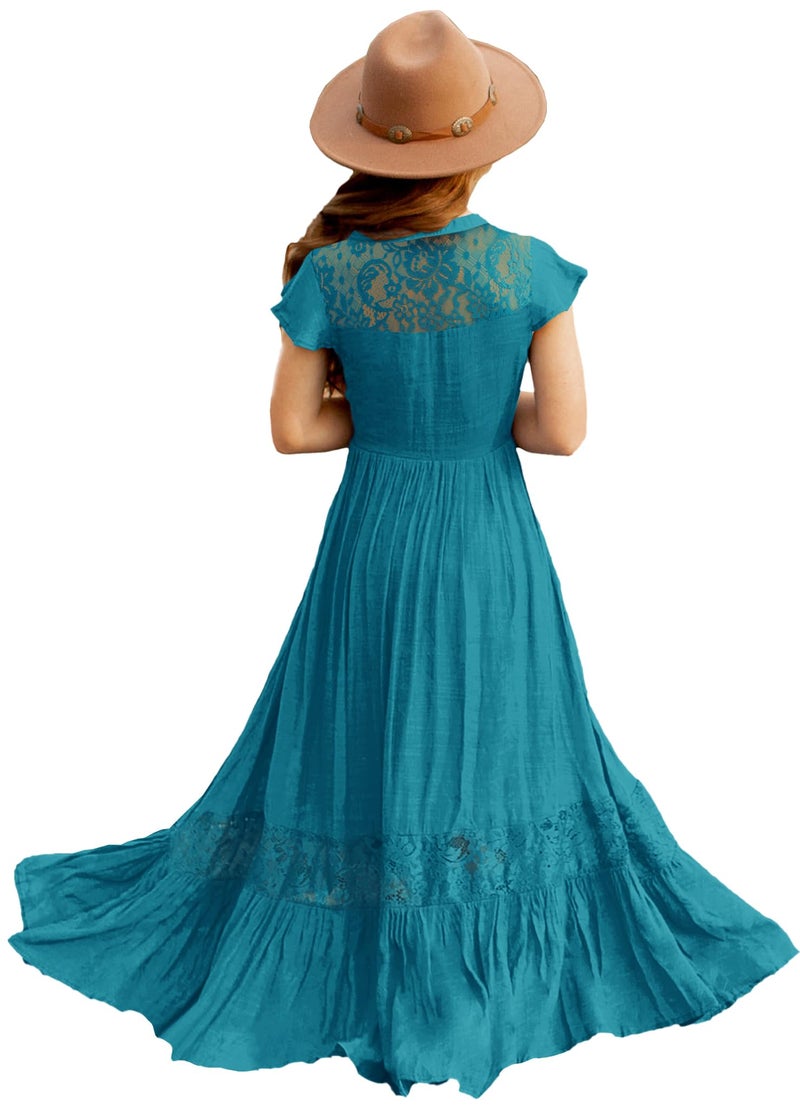 HOSIKA Girls Boho Lace Flower Crew Neck Tiered Ruffle Swing Maxi Dress for Wedding Party 6-12 Years Teal XL - Image 1