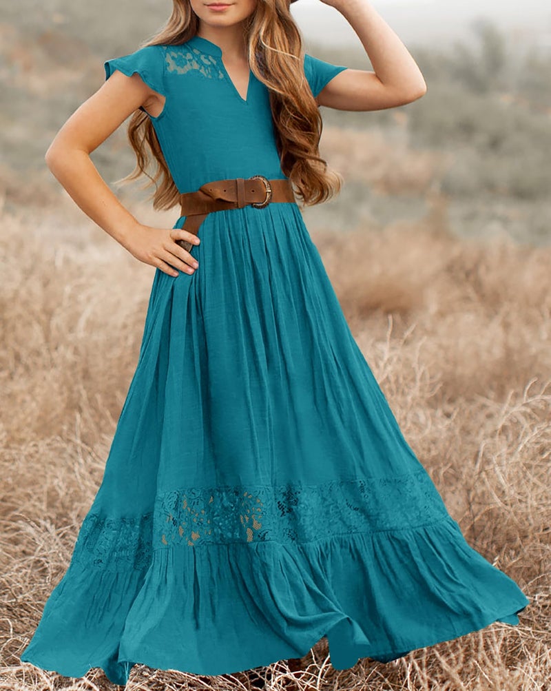 HOSIKA Girls Boho Lace Flower Crew Neck Tiered Ruffle Swing Maxi Dress for Wedding Party 6-12 Years Teal XL - Image 4