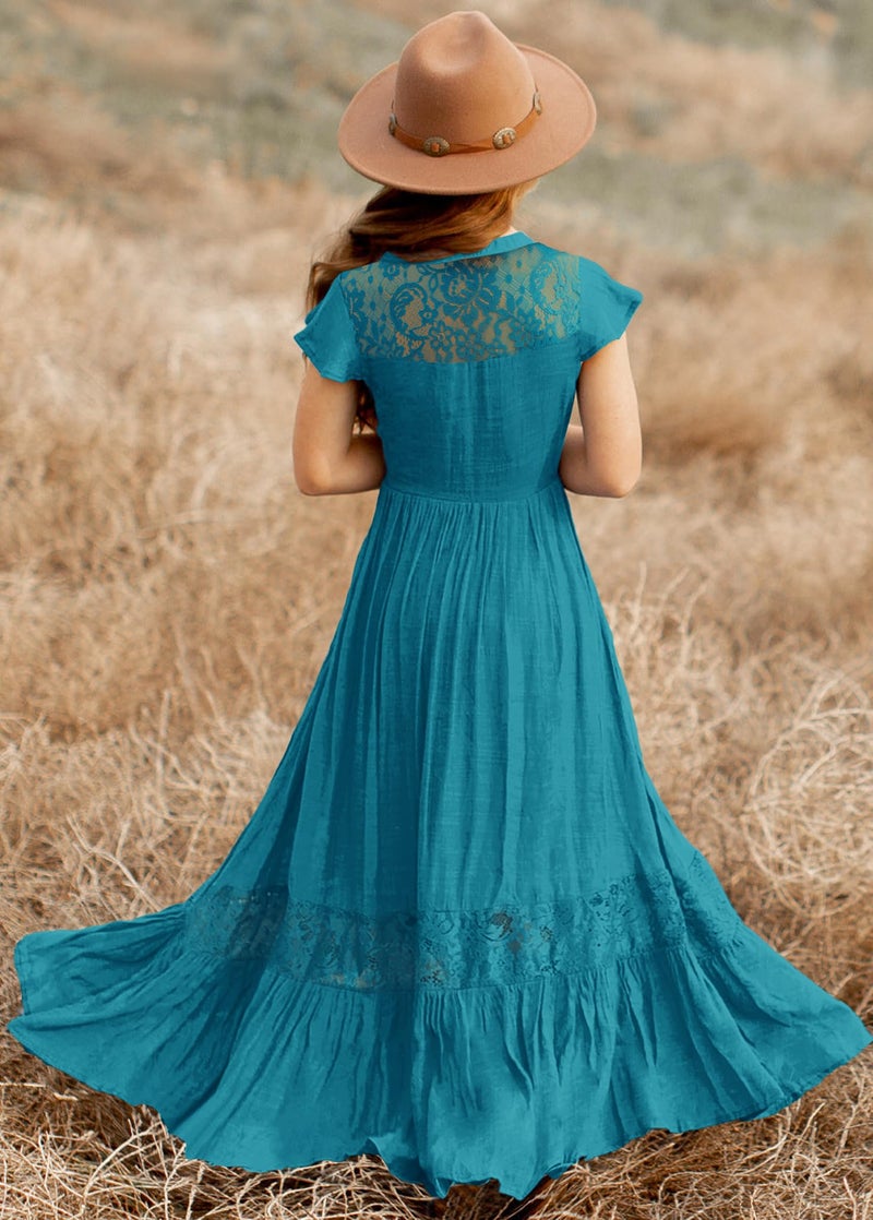 HOSIKA Girls Boho Lace Flower Crew Neck Tiered Ruffle Swing Maxi Dress for Wedding Party 6-12 Years Teal XL - Image 5
