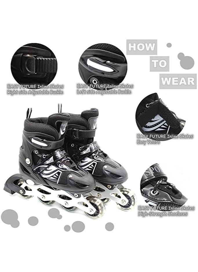 EASY FUTURE Inline Skates Adjustable Size Roller Skates with Flashing Wheels Children Skate Shoes Including Protective Gear (Knee Elbow Wrist) Black Colour  - Image 5