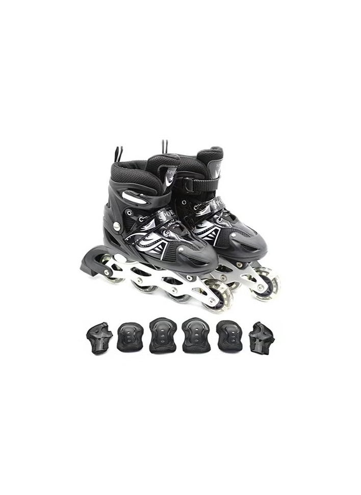 EASY FUTURE Inline Skates Adjustable Size Roller Skates with Flashing Wheels Children Skate Shoes Including Protective Gear (Knee Elbow Wrist) Black Colour  - Image 1