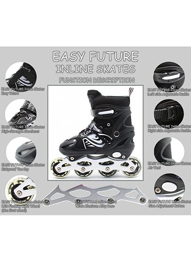 EASY FUTURE Inline Skates Adjustable Size Roller Skates with Flashing Wheels Children Skate Shoes Including Protective Gear (Knee Elbow Wrist) Black Colour  - Image 2