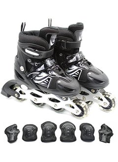 EASY FUTURE Inline Skates Adjustable Size Roller Skates with Flashing Wheels Children Skate Shoes Including Protective Gear (Knee Elbow Wrist) Black Colour  - Image 1