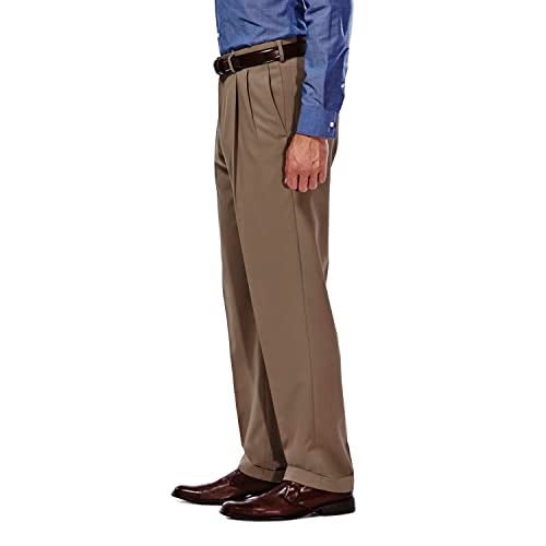 Haggar mens Mynx Gabardine Hidden Expandable Waistband Classic Fit Front Pleated Dress Pant, Khaki, 44x30 - Image 2