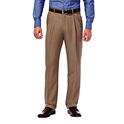 Haggar mens Mynx Gabardine Hidden Expandable Waistband Classic Fit Front Pleated Dress Pant, Khaki, 44x30 - Image 5