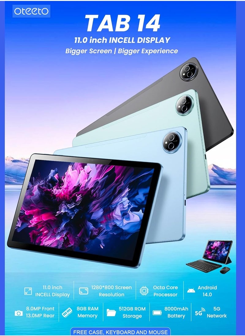 Oteeto - Oteeto TAB 14 Tablet/11 Inch Incell Display//Octa Core 2.0GHz Processor/Android 14/8MP Front + 13 MP Rear Camera/8GB RAM + 512GB ROM/8000 mAH Battery/4G Dual SIM/5G Wifi/Keyboard/Flip Cover etc - Image 1