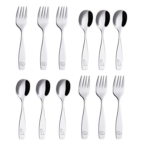ANNOVA Children's Flatware 12 Pieces Set - Stainless Steel Silverware 6 x Safe Forks, 6 x Dinner Spoons - Kids Toddler Utensils Lunch Box (Engraved Dinosaurs T-Rex, Triceratops) - Image 1