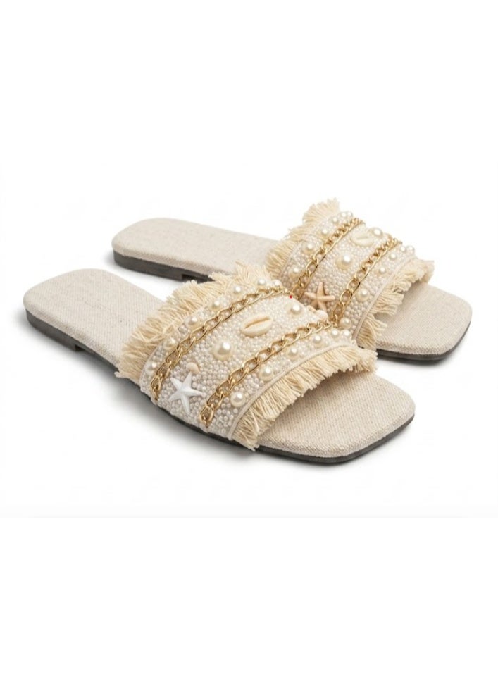Women's Summer Flat Slides & Slippers with Pearl, Cowrie Shell, Gold Chain & Fringe Embellishments, Boho Beach Sandals & Mules - Code 5020 - Image 1