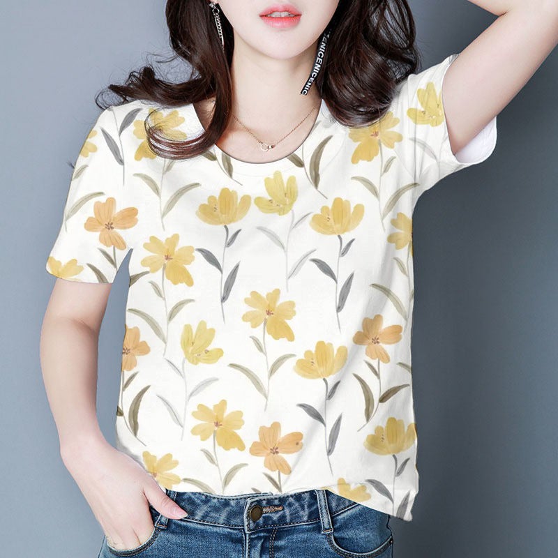 2025 Women'S Floral T-Shirt Short-Sleeved Printed Round-Neck Shirt Thin Style Sale - Image 1
