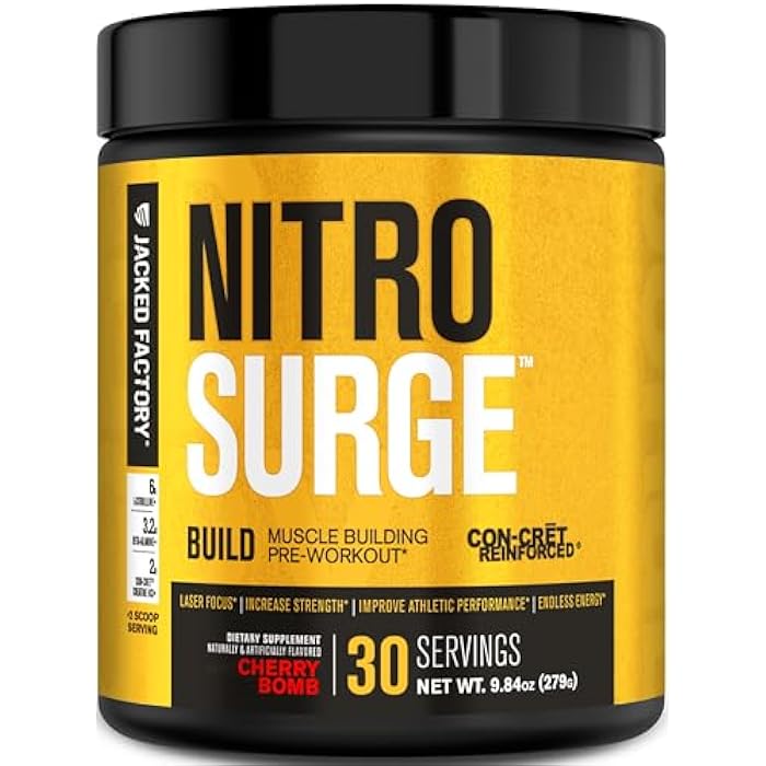 Jacked Factory Nitrosurge Build Pre Workout with Creatine for Muscle Building - Con Cret Creatine Powder & elevATP for Intense Energy, Powerful Pump, & Endless Endurance - 30 Servings, Cherry Bomb - Image 1
