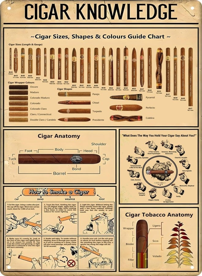 CSWLJS Cigar Quote Wall Decor Vintage Art Poster Plaque Cigar Knowledge Metal Poster Plaques for Home Living Room Kitchen Cafe Bar Garage Wall Decor 8x12 in - Image 1