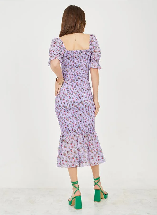 ستايلي Ditsy Print Smocked Detail Mermaid Hem Midi Dress