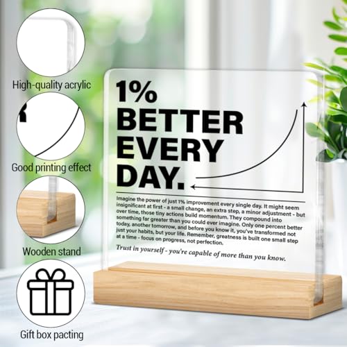YGBF Inspirational Office Home Desk Decor 1% Better Every Day Clear Acrylic Desk Decorative Sign, Motivational Gifts for Coworker Employee Friend - Image 3
