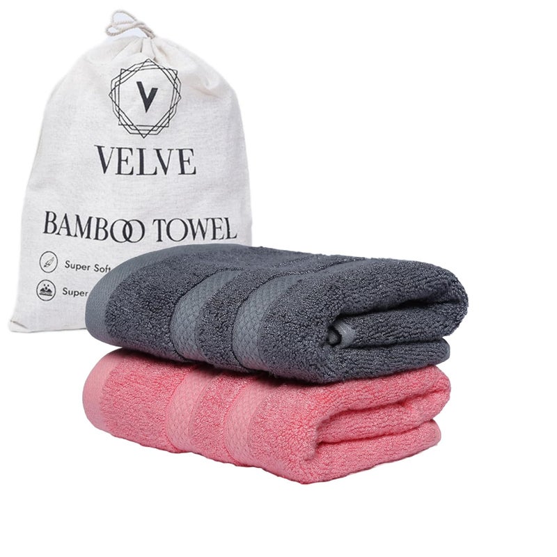 Velve 100 Bamboo Hand Towel 600 GSM Set of 2 Ultra Soft Absorbent Anti Bacterial Towel for Gym Yoga Sports Travel Grey Pink - Image 1